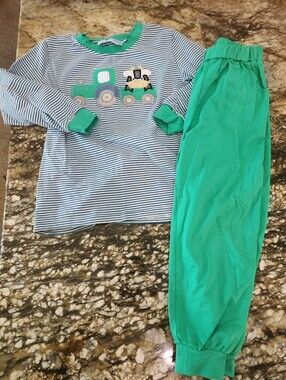 Kids Green & White Striped  Set with Tractor Applique